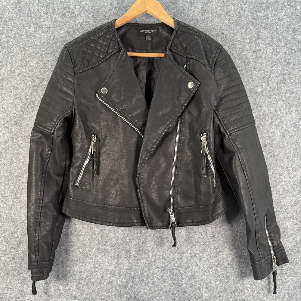 Philomena Petti Womens Moto Jacket Large Black Faux Leather Zip‎ Front Biker Mob